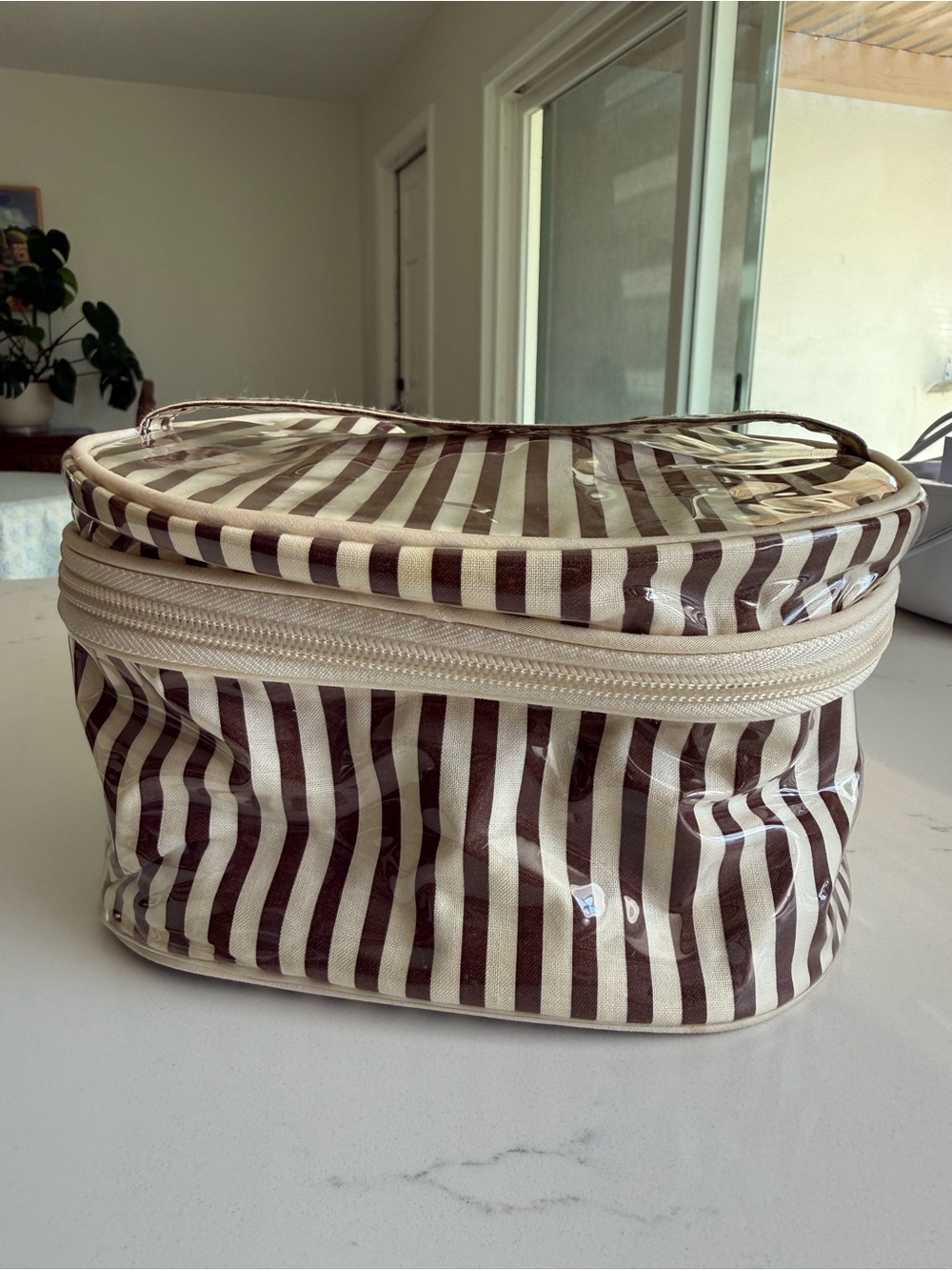 Henri Bendel Brown and Cream Striped Cosmetic Case